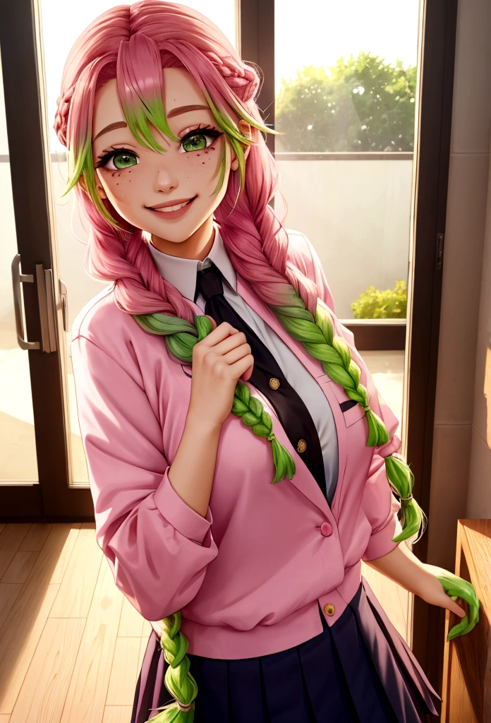 A school uniform with an open chest、Pink and green hair gradient、Mainly pink hair、smile、Mole under both eyes、smile、Braid、Artistic