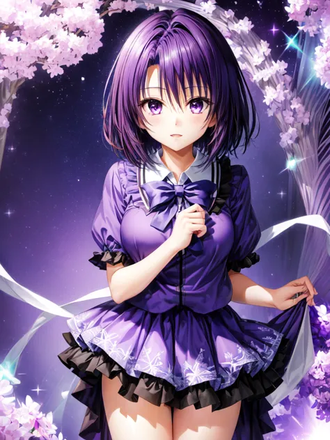 kanade suzu,standing,dark puple fluffy hair,dark purple eyes,short hair,uniform,shirt,skirt