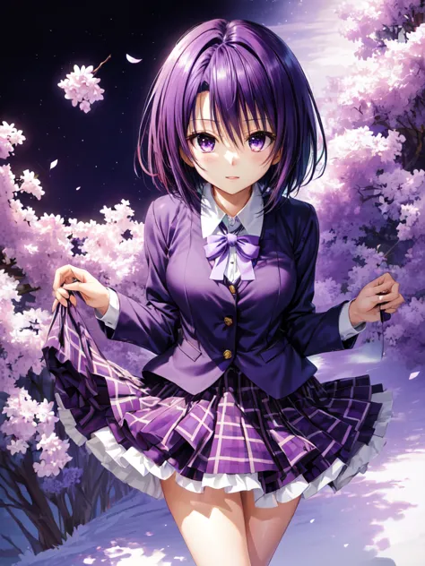 kanade suzu,standing,dark puple fluffy hair,dark purple eyes,short hair,uniform,shirt,skirt