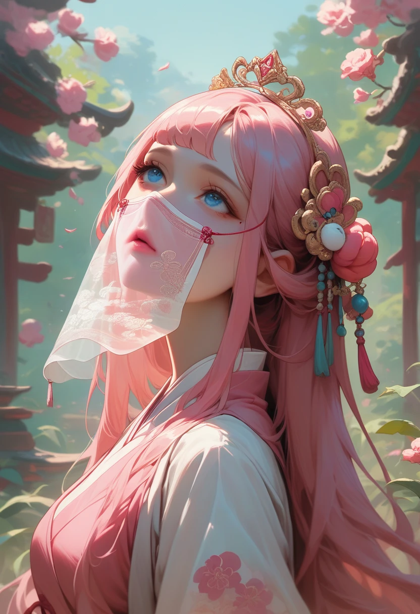 best quality, masterpiece,pink loose long hair, blue eyes,whie hanfu clothes,transparent lace cloth mask,small tiara with accessories and flowers,looking up, upper body,hair strand,Fair skin,a mole under left eye,pink lips,a girl around 15 years old

