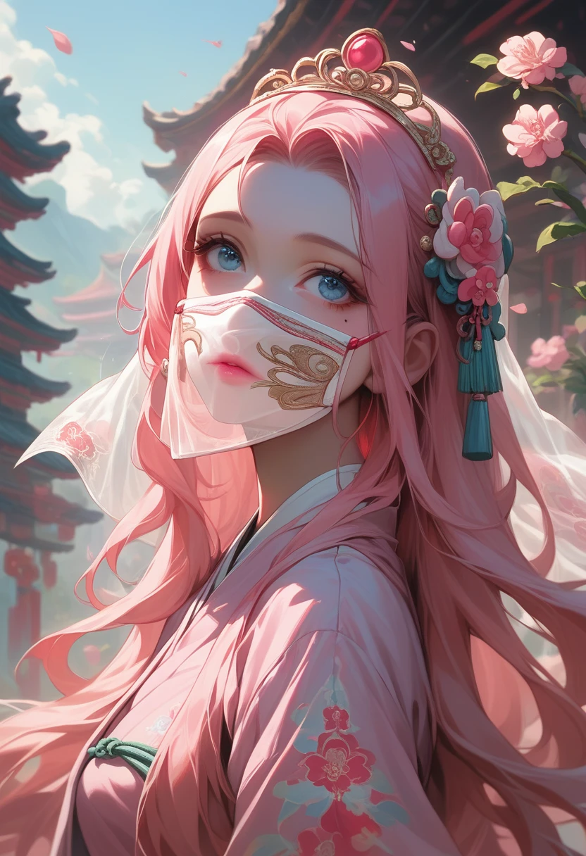 best quality, masterpiece,pink loose long hair, blue eyes,whie hanfu clothes,transparent lace cloth mask,small tiara with accessories and flowers,looking up, upper body,hair strand,Fair skin,a mole under left eye,pink lips,a girl around 15 years old

