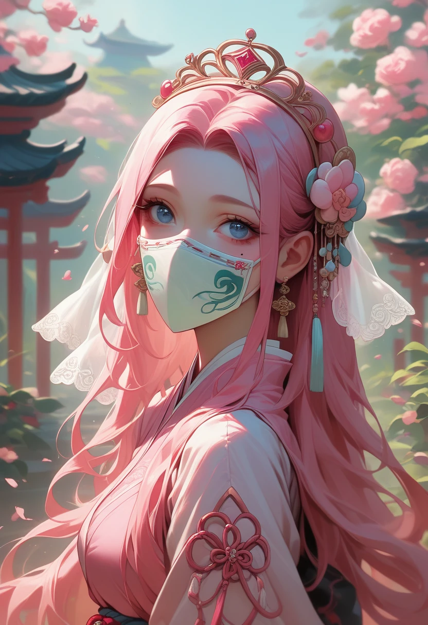 best quality, masterpiece,pink loose long hair, blue eyes,whie hanfu clothes,transparent lace cloth mask,small tiara with accessories and flowers,looking up, upper body,hair strand,Fair skin,a mole under left eye,pink lips,a girl around 15 years old

