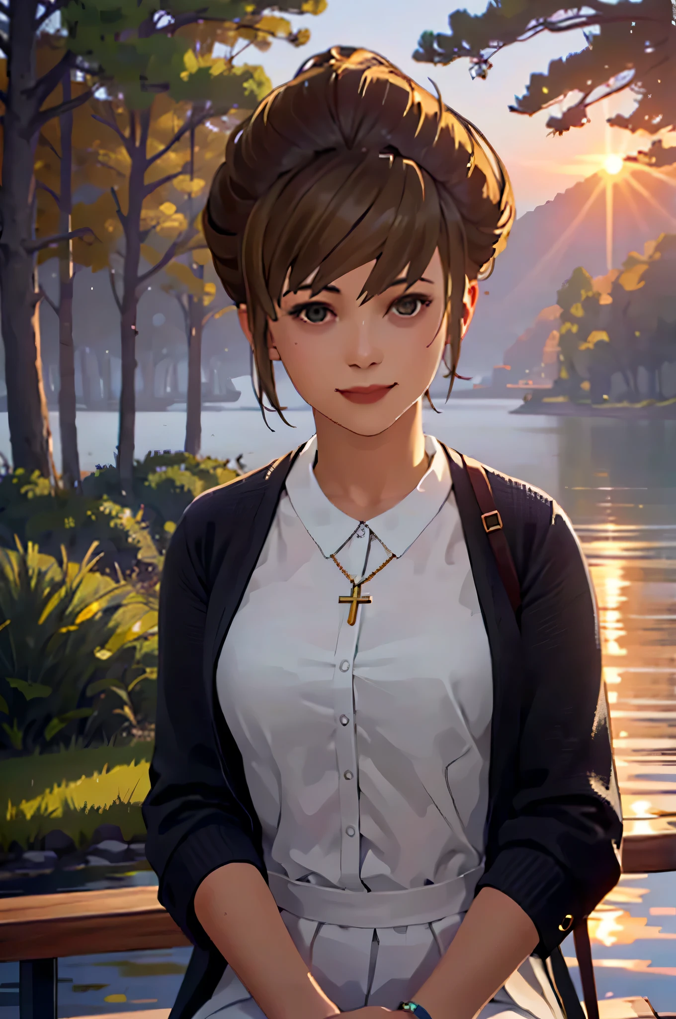 (highres, best quality:1.3), kat3LIS, dark blonde hair, hazel eyes, slender, looking at viewer, warm inviting smile, dark wool blazer, bra white, blouse opened, beautiful boobs, cross necklace, upper body, outdoors, sunrise. Kate is sitting on a wooden bench. The camera angle is lateral, capturing part of her face and body, along with the bench and her hands clasped together, resting on her lap. She has a distant look in her eyes. Birds are flying in the background, complementing the scene of a lake and some trees in front of her. The overall mood is serene and contemplative.