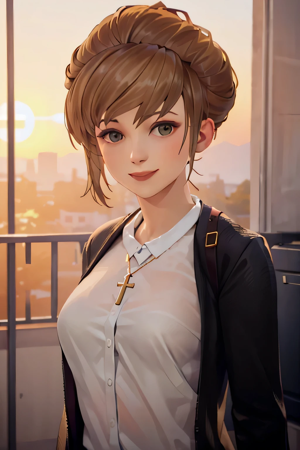 (highres, best quality:1.3), kat3LIS, dark blonde hair, hazel eyes, slender, looking at viewer, warm inviting smile, dark wool blazer, blouse opened, beautiful , cross necklace, upper body, outdoors, sunrise.