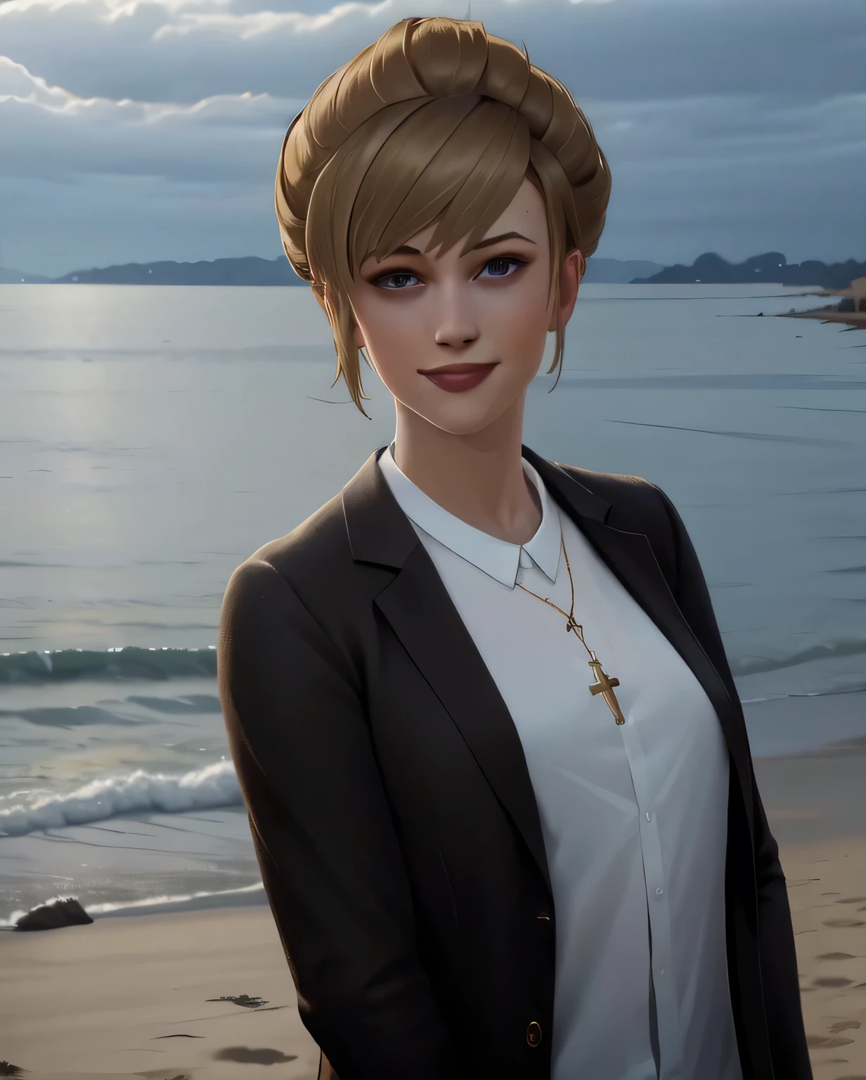 (highres, best quality:1.3), kat3LIS, dark blonde hair, hazel eyes, slender, looking at viewer, warm inviting smile, dark wool blazer, blouse, cross necklace, upper body, outdoors, oregon beach, lighthouse, tempest, beautiful eyes.