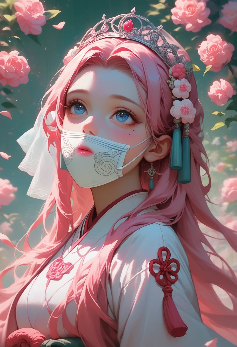 best quality, masterpiece,pink loose long hair, blue eyes,white-hanfu clothes,white-transparent long lace cloth mask,small tiara with accessories and flowers,looking up, upper body,hair strand,Fair skin,a mole under left eye,pink lips,a girl around 12 years old

