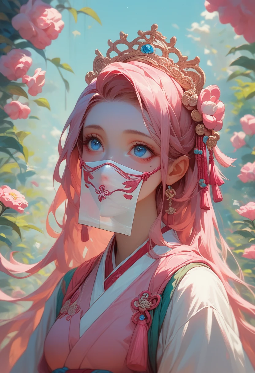 best quality, masterpiece,pink loose long hair, blue eyes,white-hanfu clothes,white-transparent long lace cloth mask,small tiara with accessories and flowers,looking up, upper body,hair strand,Fair skin,a mole under left eye,pink lips,a girl around 12 years old

