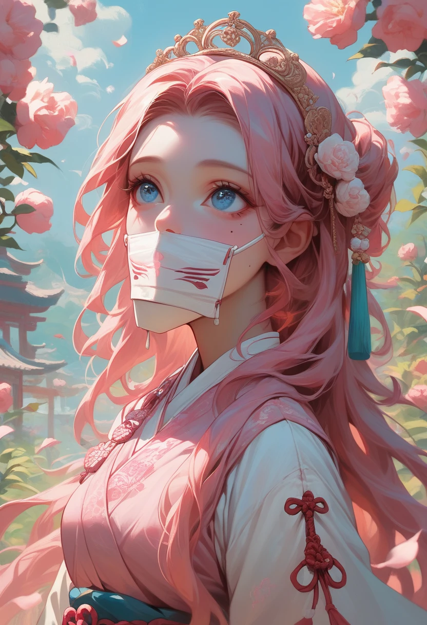 best quality, masterpiece,pink loose long hair, blue eyes,white-hanfu clothes,white-transparent long lace cloth mask,small tiara with accessories and flowers,looking up, upper body,hair strand,Fair skin,a mole under left eye,pink lips,a girl around 12 years old

