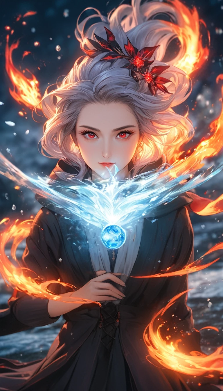 best quality, super fine, 16k, incredibly absurdres, extremely detailed, 2.5D, delicate and dynamic depiction, beautiful witch, unfazed by any attack, with her hair combed back, ruby ​​red eyes, a condescending gaze, ice magic effects, fire magic effects, water magic effects, earth magic effects, wind magic effect, clear subject, prime lenses, lens filters, clear subject, background dark fantasy