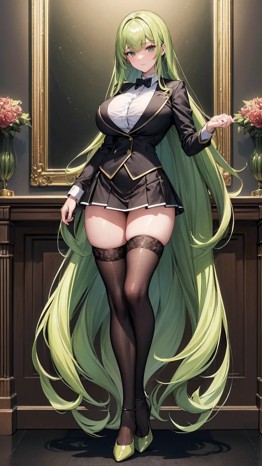 (masterpiece, top quality, best quality, official art, beautiful and aesthetic:1.0), (8k, best quality, masterpiece:1.2), very long hair,(full body:1.3), (large breasts:1.4), very long hair, high heels, black thighhighs, micro skirt, green hair, tall girl, school girl uniform ,