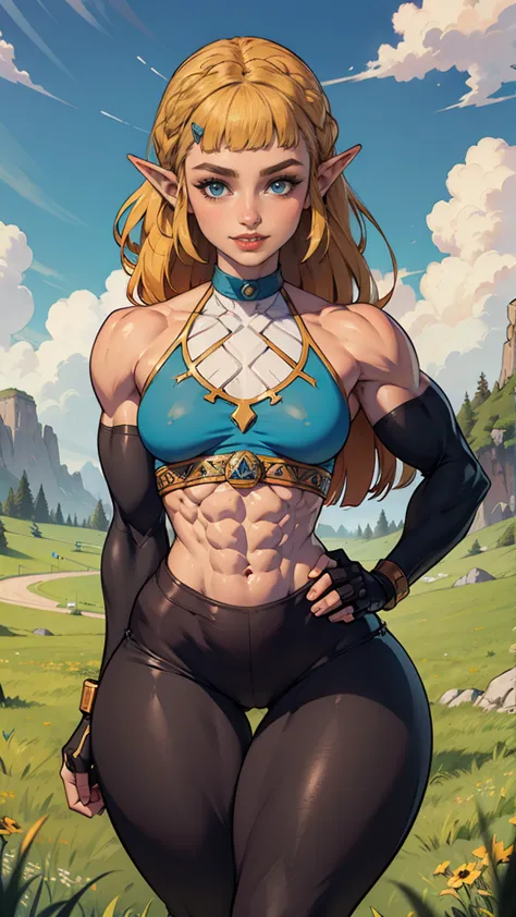 (muscular:1.6), (thick thighs:1.7),
princess_zelda_aiwaifu, pointy ears, braid, hair ornament, hairclip, fingerless gloves, blue...