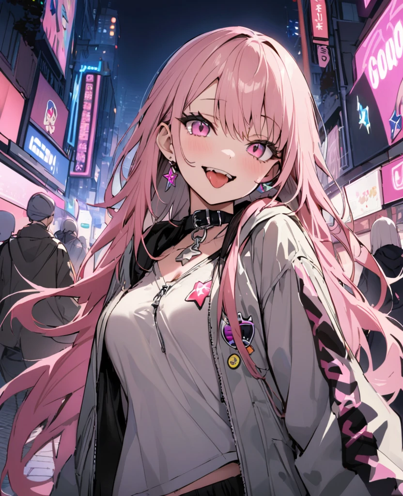 (masterpiece:1.2)、Highest quality、Pixiv、Rebellious girl、One Girl、Open your mouth、鋭いteeth、teeth、Long Hair、Street background、gem、badge、ボタンbadge、food、Pink Eyes、Earrings、Jacket、eyelash、foodを下にして、star (symbol)、Upper Body、Dressed characters、zipper、collar、cable、Lock、tongue、Stickers、hoodie、smile、spike、Focus on your audience、長いtongue、Central chest、Shoulder Bare、belly button、Pink Hair Color,Cyberpunk City,Night view,black and white grey outfit