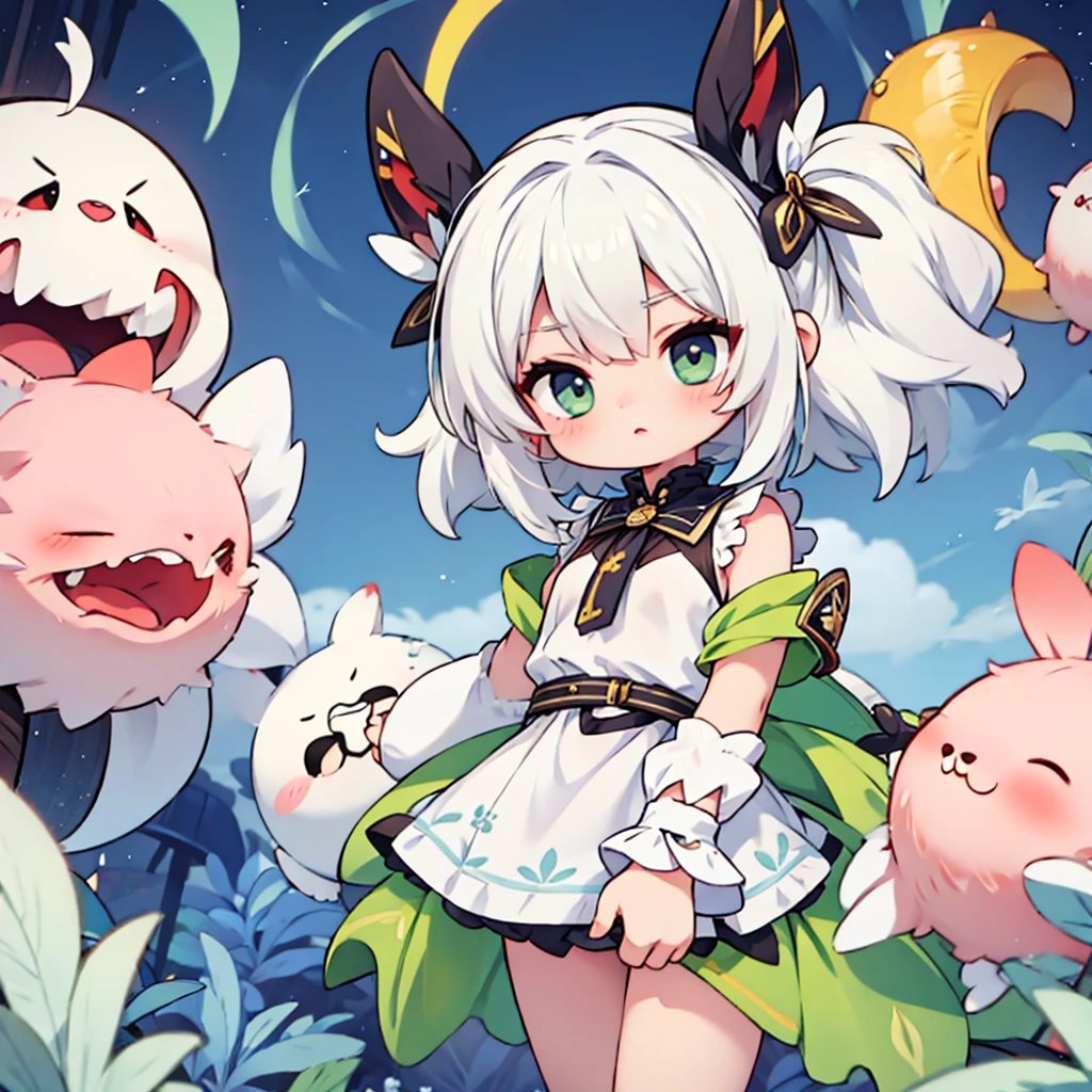 chibi girl with white hair.
 in a green little dress