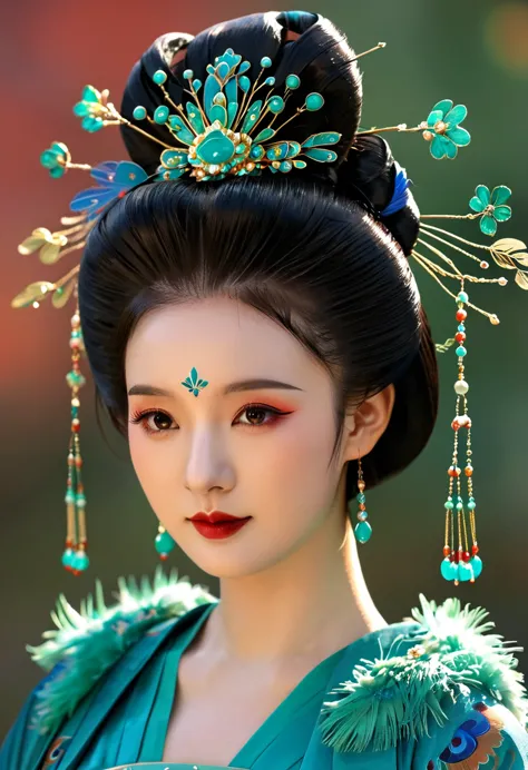 1 girl wearing traditional blue-green kingfisher feather hanfu , wearing exquisite accessories，high bun，wearing a blue-green kin...