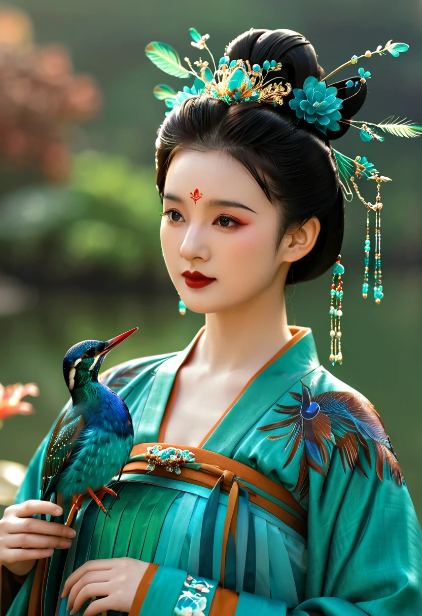 1 girl wearing traditional blue-green kingfisher feather Hanfu , Wearing exquisite accessories，High bun，Wearing a blue-green kingfisher feather hair ornament. Turquoise。 Peacock feather，Ultra HD, masterpiece, best quality, high resolution, Natural light, Professional photography,