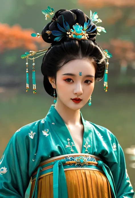 1 girl wearing traditional blue-green kingfisher feather hanfu , wearing exquisite accessories，high bun，wearing a blue-green kin...