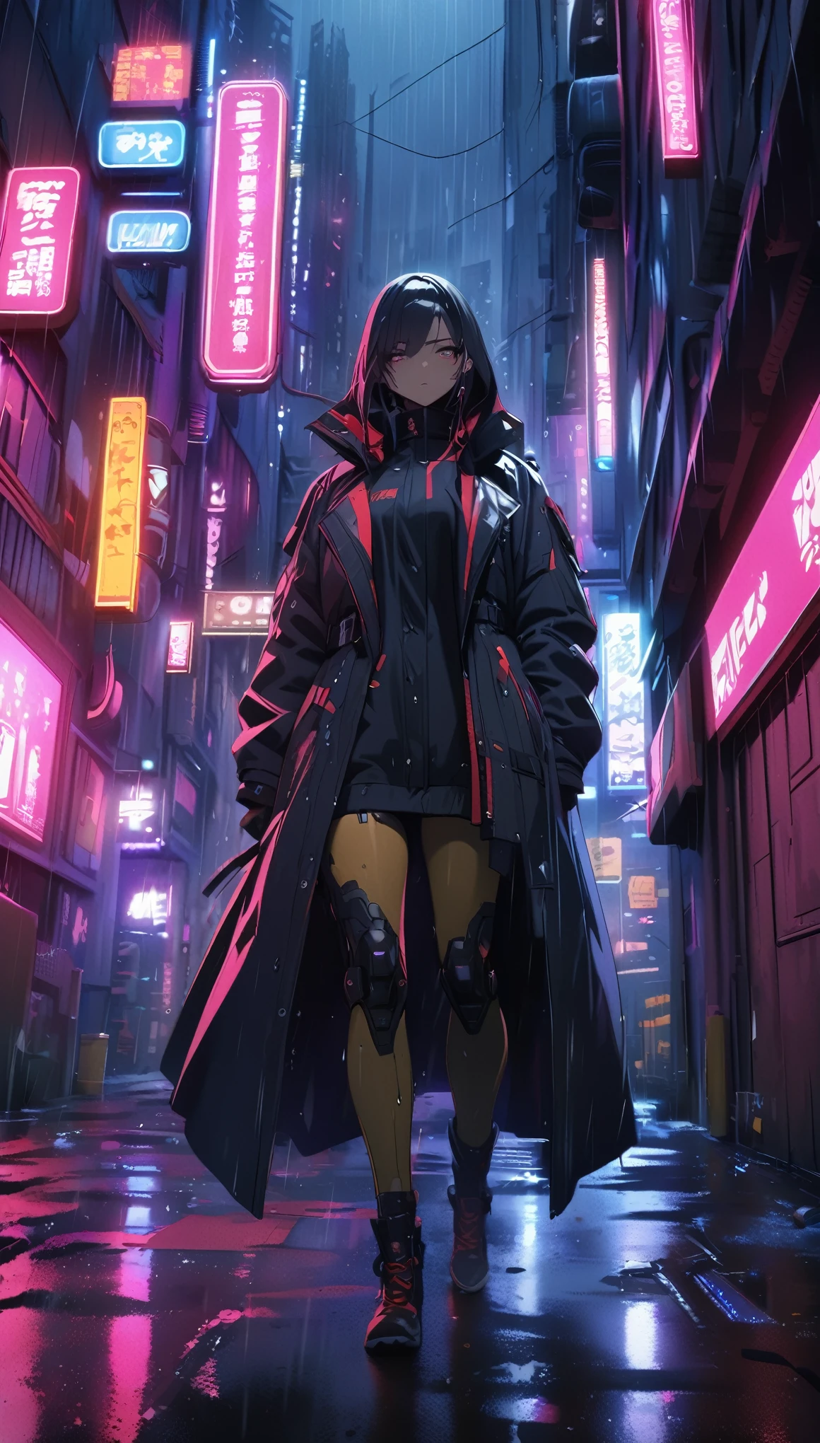 cyberpunk assassin in a black trench coat walking in a dark alley on a rainy day, canon close-up cowboy shot, UHD, masterpiece, extremely detailed textured skin, highres, 16k, 1080p, detailed face, dark moody lighting, neon city lights, gritty urban environment, atmospheric rain effects, dynamic pose, brooding expression