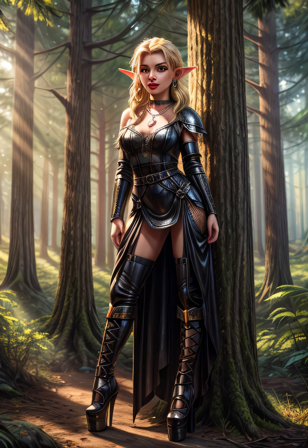 UHD 8k, HDR+, cute blonde female Elf with a necklace, large piercing eyes, huge earrings, giant earrings, her long blonde hair falls over her shoulders, black high heel boots, high heels, black leather armor, Against the background of the forest, detailed background, realistic, 1girl, solo girl, 20 year old girl, ultra realistic face, hyperrealistic, hyperdetailed, (looking at viewers), sharpen, detailed face, detailed eyes, detailed lips, red lips, beautiful face, 16k, FHD, raw photo, cute face mesh, pretty face mesh, portrait shot 8 k