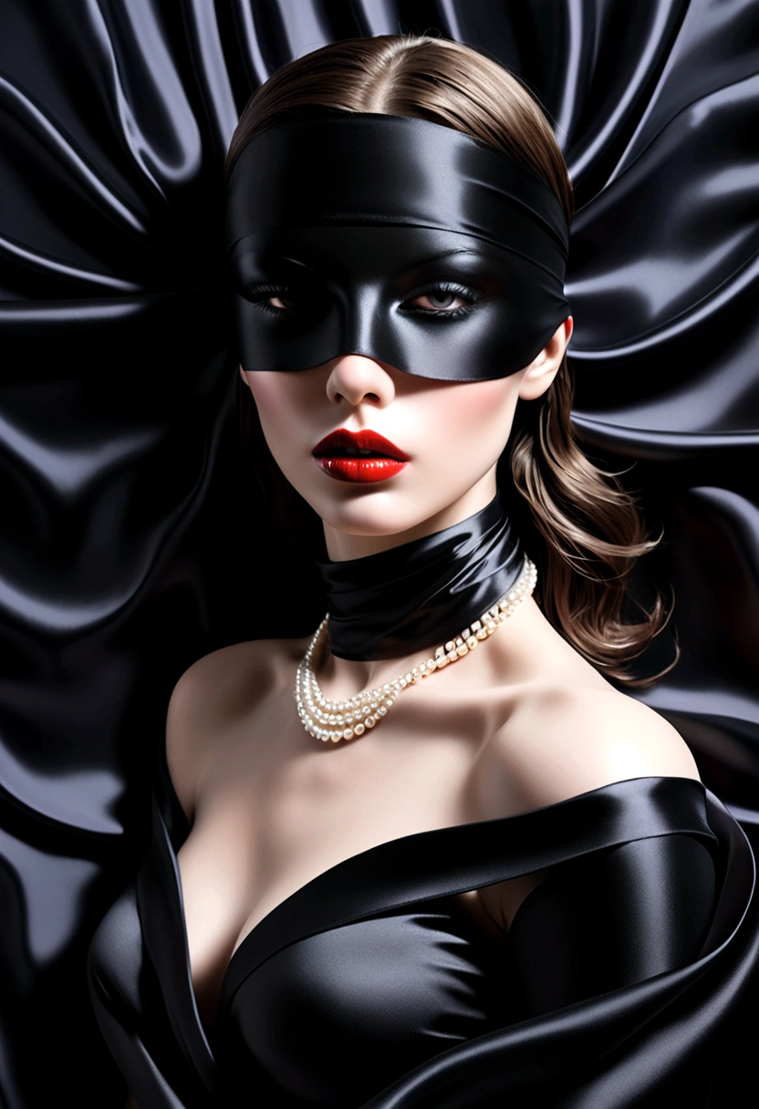 Beautiful woman blindfolded with black silk, Shot in the style of fashion  photog - SeaArt AI