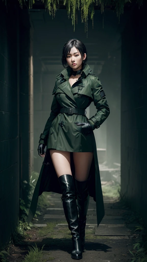 beautiful young  japanese woman, ighly detailed, body suit, gloves, a belt, thigh high boots, (valorantviper:1.2), body suit, gloves, a belt, thigh high boots, breather, look at viewr, faces, sportrait, foreground, verdant, Esbert, (Combat readiness), (Tactical Gear), (solo character), (Game Theme:1.5), short-haired, verdant, (A dark-haired), (Military equipment), (Wear Black Trench Coat:1.4), (Poisonous greens:1.2), (Brilliant Effect),