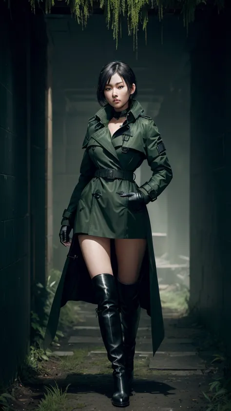 beautiful young  japanese woman, ighly detailed, body suit, gloves, a belt, thigh high boots, (valorantviper:1.2), body suit, gl...