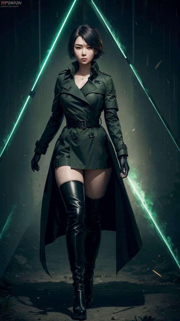 beautiful young  japanese woman, ighly detailed, body suit, gloves, a belt, thigh high boots, (valorantviper:1.2), body suit, gloves, a belt, thigh high boots, breather, look at viewr, faces, sportrait, foreground, verdant, Esbert, (Combat readiness), (Tactical Gear), (solo character), (Game Theme:1.5), short-haired, verdant, (A dark-haired), (Military equipment), (Wear Black Trench Coat:1.4), (Poisonous greens:1.2), (Brilliant Effect),