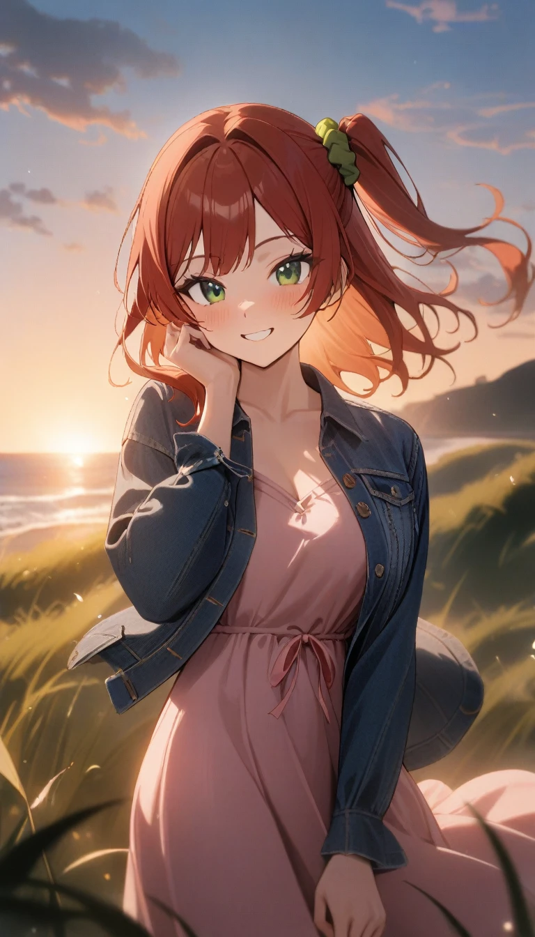 1girl, sakimiya iruka, dolphin wave, green eyes, red hair, one side up, hair ornament, green scrunchie,
pink dress, denim jacket, hand on own cheek, smile, sunrise, grass, wind,
masterpiece, best quality, very aesthetic, newest, cinematic lighting, highres, absurdres, incredibly absurdres 