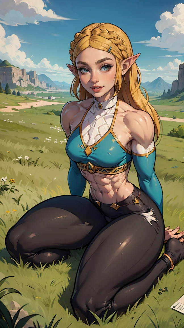 (Muscular:1.6), (thick thighs:1.7),
princess_zelda_aiwaifu, pointy ears, braid, hair ornament, hairclip, fingerless gloves, blue shirt, (halter top), crown braid, long sleeves, (blunt bangs:1.5), green eyes, sidelocks, thick eyebrows, (black pants, tight pants:1.3), (big smile:1.3), (long blonde hair:1.2),
(flat chest:1.9),
eyeshadow, lipstick, 
looking at viewer, (three quarter view), upper body view, sitting on the grass, kneeling,
rim lighting, detailed skin, detailed eyes, grassy field