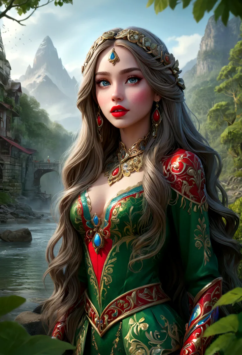 a girl with long flowing hair, beautiful detailed eyes, detailed face, red lips, wearing a colorful ornate costume, standing in ...