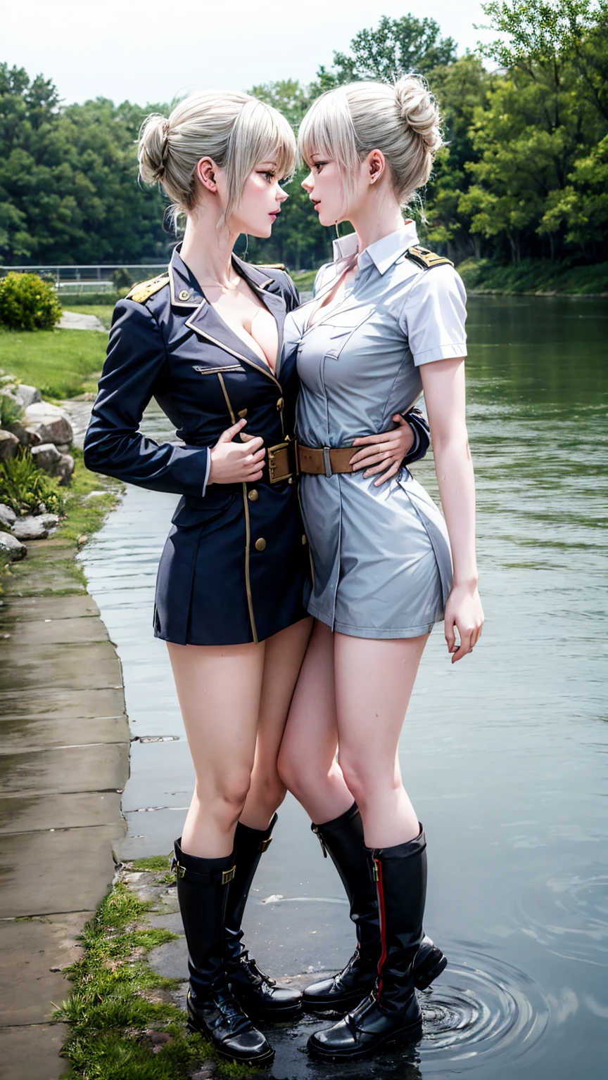 8K quality、High resolution、Two female officers、Realistic skin texture、Two women make love to each other、High resolutionの肌、Grab the breast、thin、Small and young breasts、Beautiful cleavage、Gray Hair、thin脚、、Full Body Shot、Get wet、Miniskirt military uniform