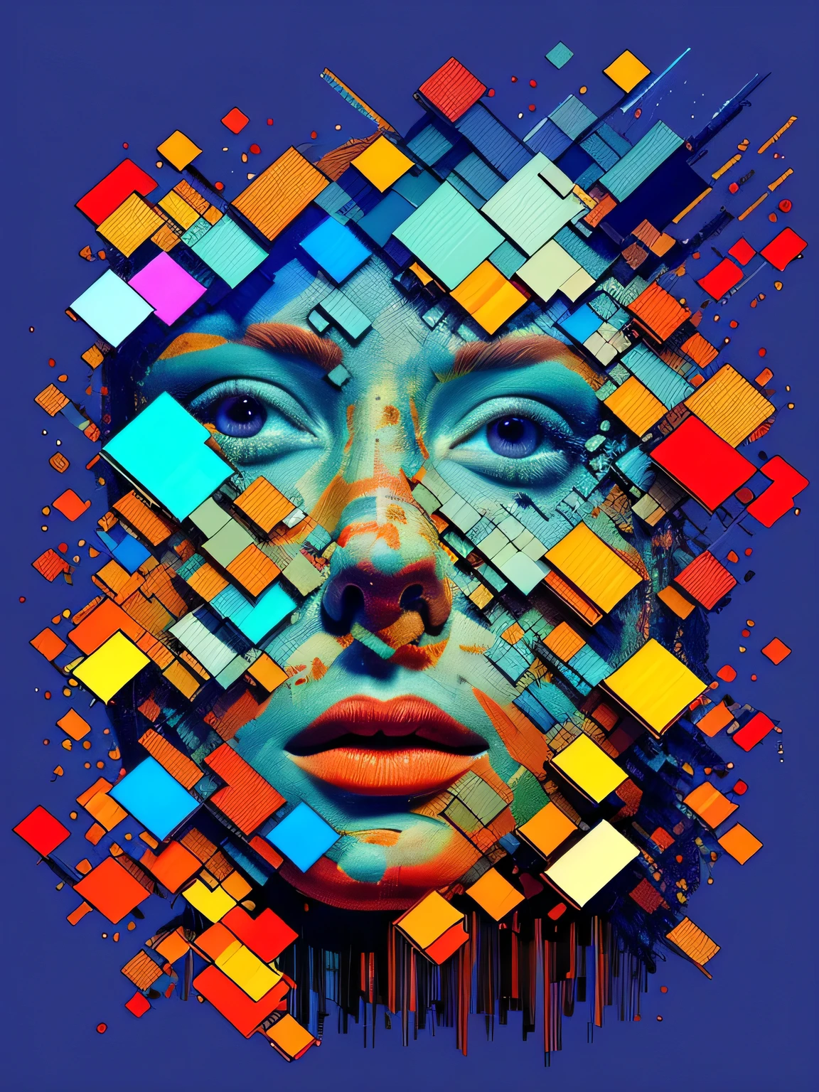 1 mujer, ultra detallado, arte oficial, fondo de pantalla de unidad 8k, arte de falla, (distribución de números):1.2, fragmentos pixelados, Transmisión de datos, ruido colorido, caos visual, cohesión contemporánea.