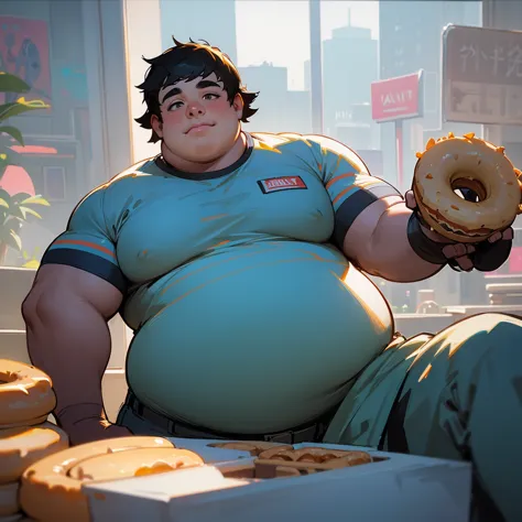 (very fat mortally obese 16 year old boy), mortally obese, big moobs,
(black short hair, clean shaved:1.1), with donuts over his...