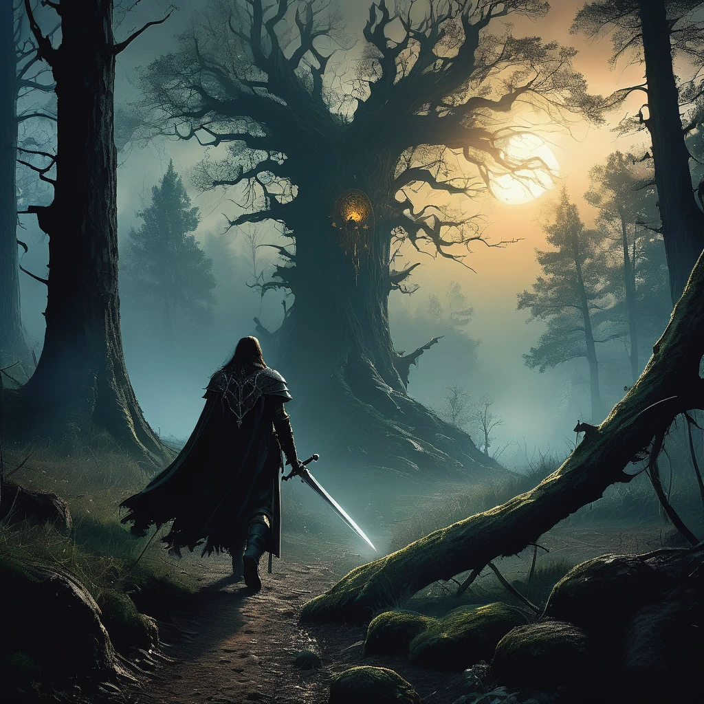 In the shadowy depths of the ancient forest, a long-haired, handsome man emerges from the gloom, his piercing eyes reflecting the faint light of the setting sun. Clad in a rugged traveler’s outfit, his leather cloak and tunic are worn from countless journeys, yet they still carry an air of nobility and purpose.

Slung over his broad shoulder is a heavy axe, its blade glinting menacingly in the twilight. In his other hand, he carries a bundle of freshly cut oakwood, each piece meticulously chosen and carefully balanced. His long, dark hair flows freely in the evening breeze, framing a face marked by both hardship and striking features.

The forest around him is dense and foreboding, the twisted trees whispering ancient secrets and the underbrush alive with the sounds of unseen creatures. The path he walks is barely visible, overgrown with roots and foliage, leading deeper into the heart of the woods where few dare to venture.

As he strides forward, his demeanor is calm yet vigilant, aware of the lurking dangers that might spring from the shadows at any moment. The darkening sky above casts an eerie glow on the landscape, enhancing the mystical and ominous atmosphere.

What drives this enigmatic traveler to venture into such perilous lands? What dark forces lie in wait within the depths of the forest, and what is his connection to them? This AI-generated image captures the essence of a dark medieval fantasy world, where every step taken by the lone traveler is fraught with mystery and danger."