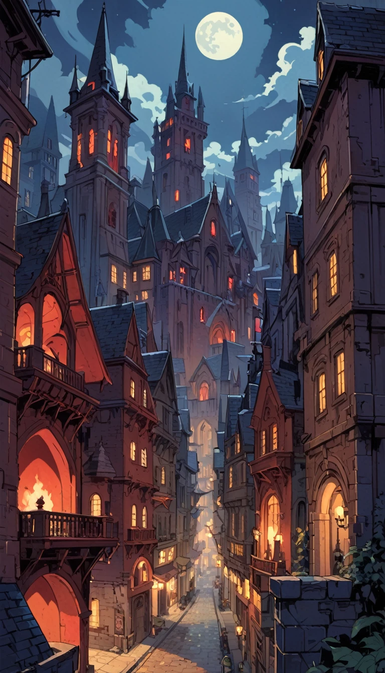 city ​​of vampires: 1.5, night, great detail of buildings, towers,(art inspired Mike Mignola)