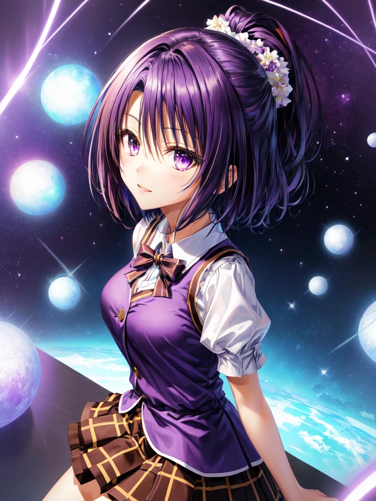 Kanade Suzu,debout,cheveux duveteux violet foncé,yeux violet foncé,cheveux courts,uniforme,chemise noire,Jupe marron