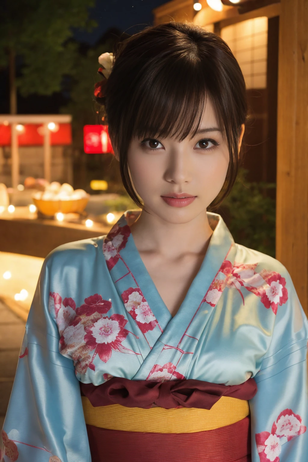 1 woman, hair up, short bob, 28 years old, Japanese, brown eyes, brown hair, slim figure, flat chest,
Blake
See-through yukata, summer festival, night, 