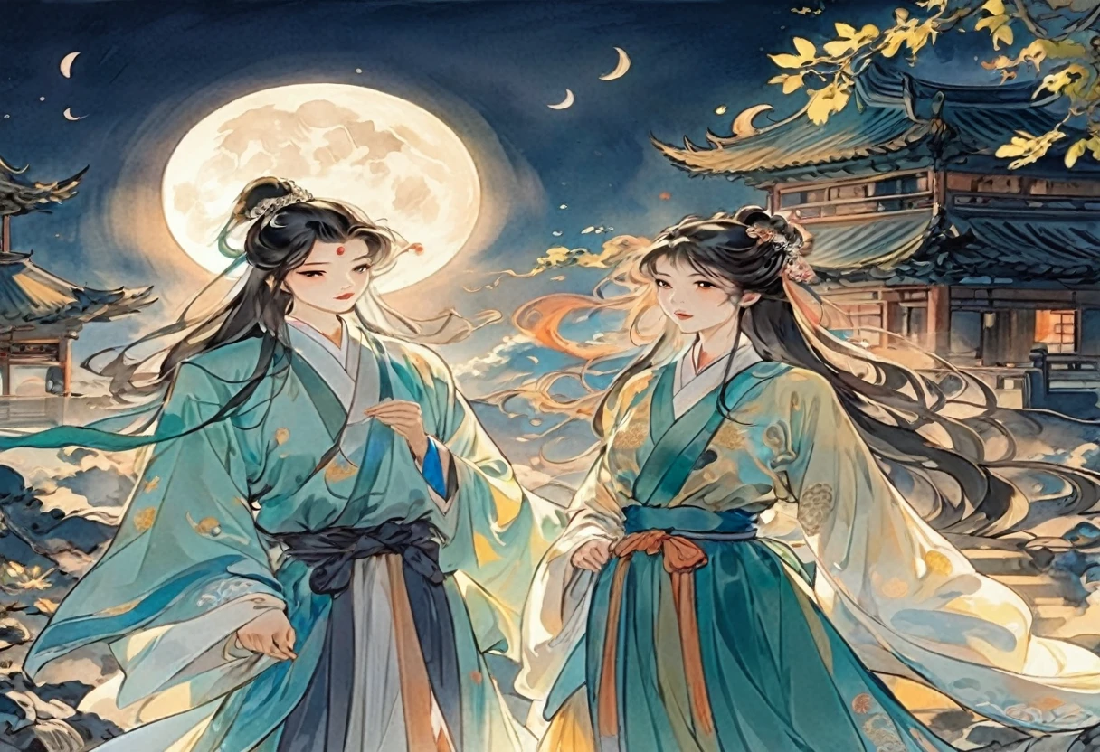 Two Asian women in traditional costumes standing in front of a full moon, Long flowing hair and robes, Be clearer。