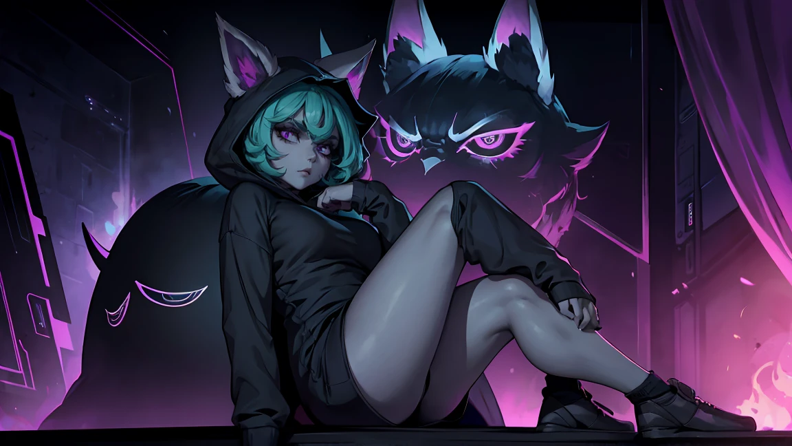 girl, large black sweatshirt, sitting posture, calm look, Sitting in front, legs open, a dark room, evil eyes, sexy pose, glowing skin, Looking ahead, facial expression