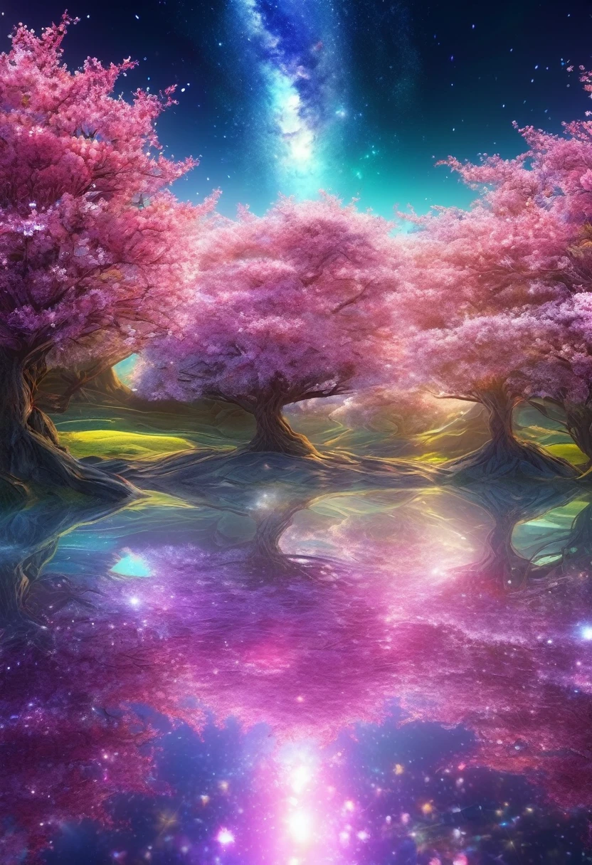 Crystal Spring Blossom,
Fantasy, Milky Way, transparent, 
Sparkling, Sparkling, wonderful, colorful, 
Magical Pictures, Dramatic lighting, Photographic realism, Super detailed, 4K, Depth of written boundary, High resolution