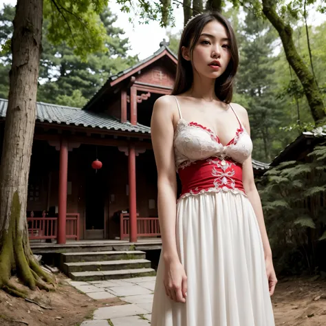 a Chinese girl, (perfect face, eyes red with anger, a red mouth). (Perfect body, average breasts). (In a long white wedding dres...