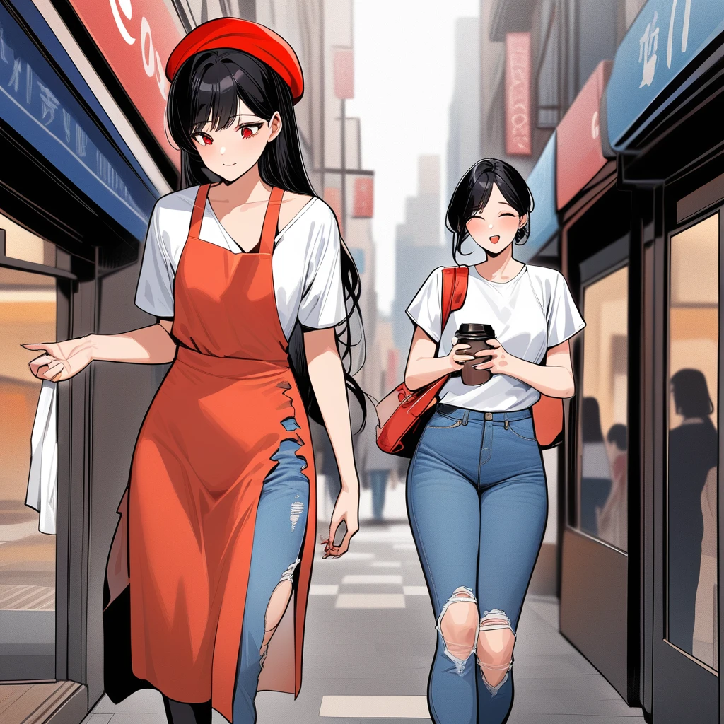 masterpiece, best quality, very aesthetic, absurdres，A young woman with long, flowing black hair, wearing a simple white T-shirt with a bold graphic print, and distressed blue jeans with ripped knees. She has a bright red beret on her head and is holding a vintage-style cup of coffee. She is walking down a bustling city street with a casual and carefree expression.