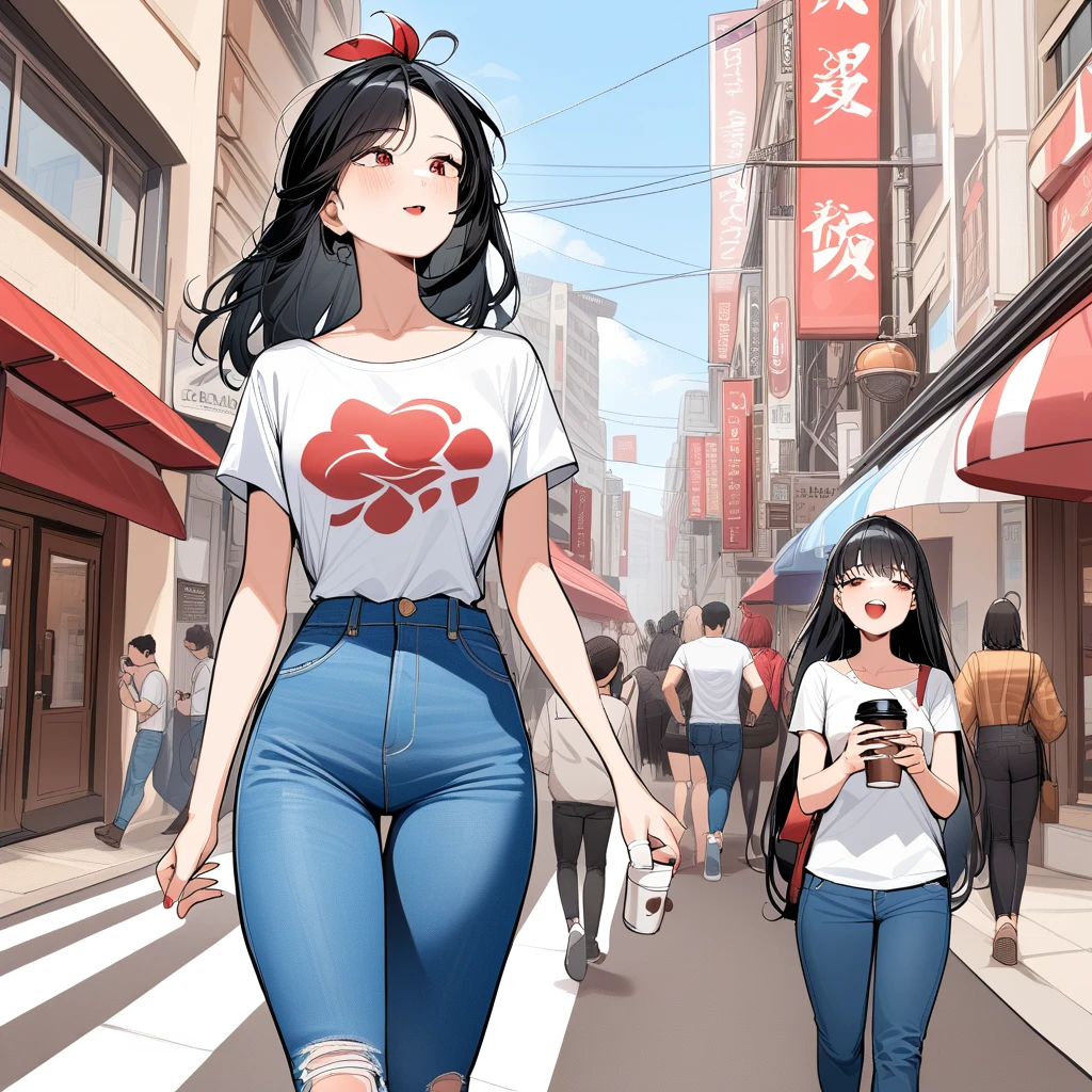 masterpiece, best quality, very aesthetic, absurdres，A young woman with long, flowing black hair, wearing a simple white T-shirt with a bold graphic print, and distressed blue jeans with ripped knees. She has a bright red beret on her head and is holding a vintage-style cup of coffee. She is walking down a bustling city street with a casual and carefree expression.