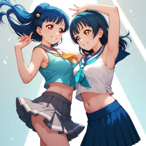 yoshiko tsushima love live,serafuku, gray mini skirt, slightly from side, armpits, floating skirt ,navel, breasts, smile , stand...