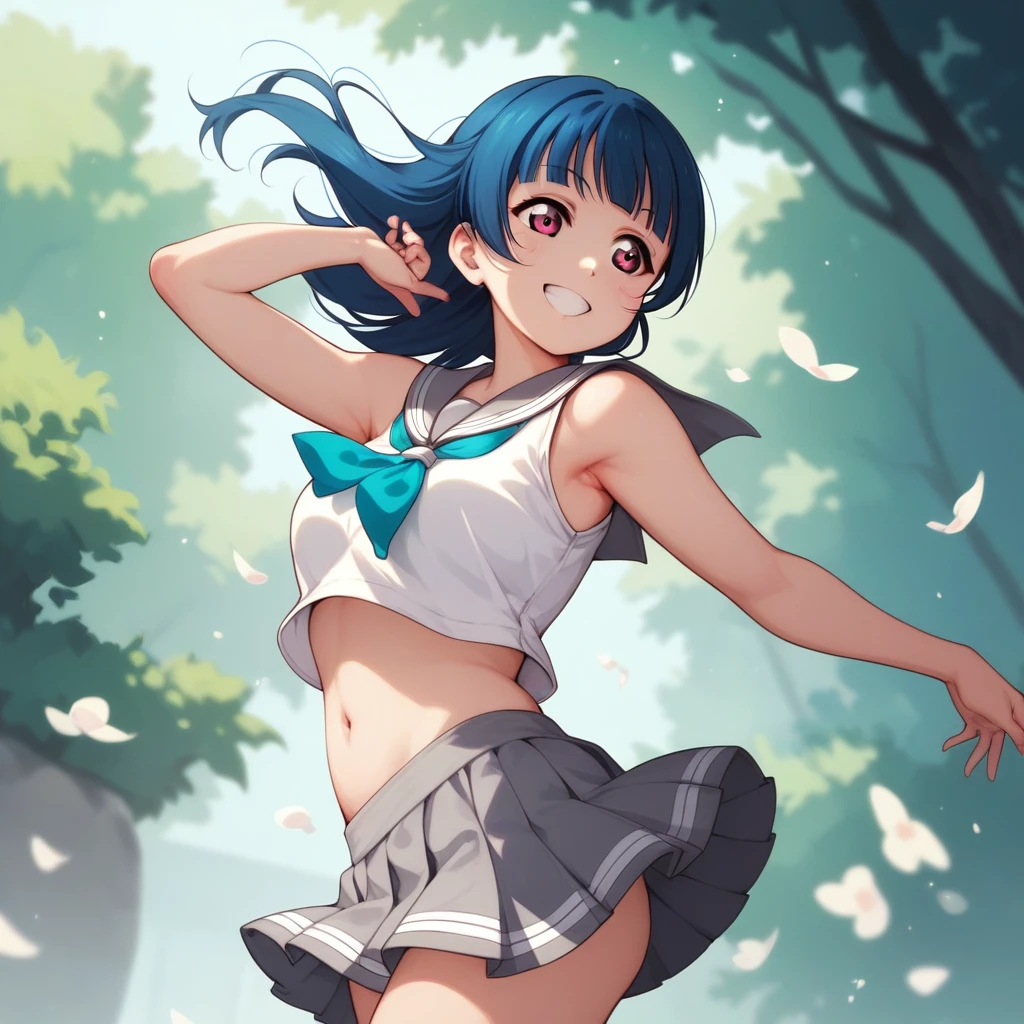 Yoshiko Tsushima love live,serafín, minifalda gris, ligeramente de lado, Axilas, falda flotante ,ombligo, senos, sonrisa , de pie, Sin mangas 