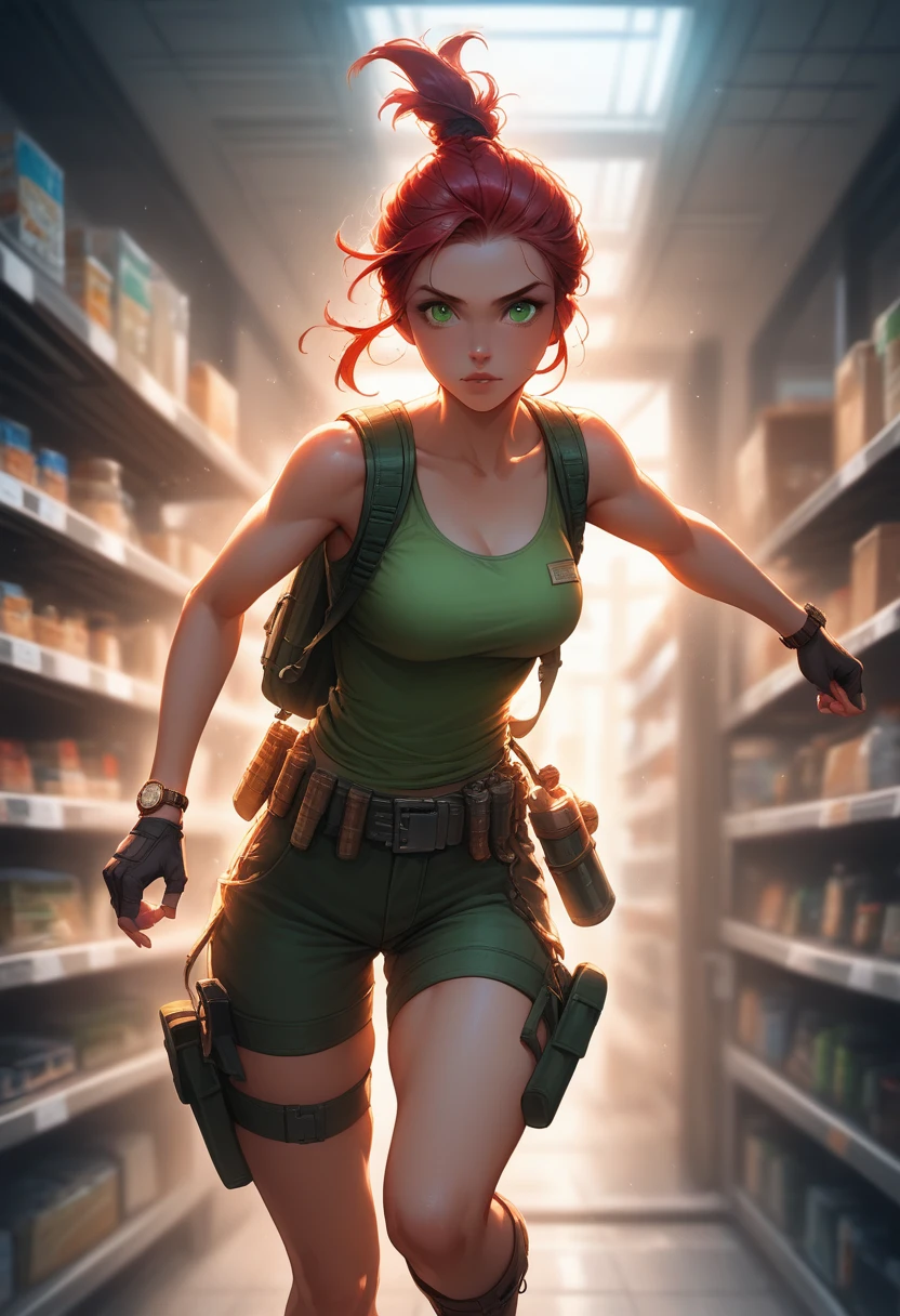 Fujifilm XT3, professional lighting, 8k resolution, depth of field, lens flare, ((best quality)), (((intricate details))), highly detailed, (((cinematic effect))), looking at viewer,A young red-haired woman usually dressed in a tank top, often olive green or black, tight-fitting and sleeveless, allowing freedom of movement. She wears shorts or cargo pants, usually khaki or dark green in color, with several pockets to store her equipment. His outfit includes a utility belt with a buckle, pistols in a holster on each side, and additional pouches for ammo and tools. She wears sturdy combat boots that provide ankle support and grip for climbing and running. Lara also wears fingerless gloves, a watch, and a backpack to carry larger items. Her hair is usually tied into a practical ponytail or braid. , emphasizing his desire for adventure in the Amazon rainforest,no anatomical defects, fine details, dynamic lighting, high quality.