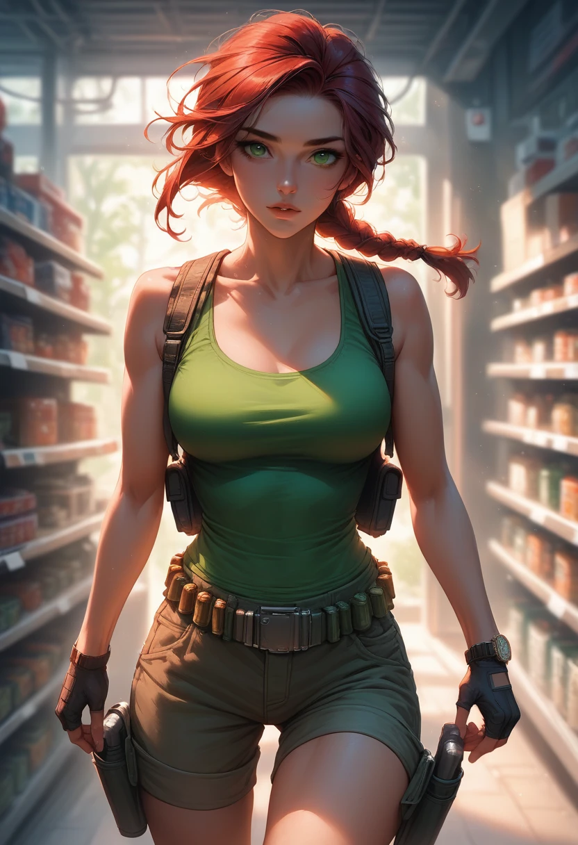 Fujifilm XT3, professional lighting, 8k resolution, depth of field, lens flare, ((best quality)), (((intricate details))), highly detailed, (((cinematic effect))), looking at viewer,A young red-haired woman usually dressed in a tank top, often olive green or black, tight-fitting and sleeveless, allowing freedom of movement. She wears shorts or cargo pants, usually khaki or dark green in color, with several pockets to store her equipment. His outfit includes a utility belt with a buckle, pistols in a holster on each side, and additional pouches for ammo and tools. She wears sturdy combat boots that provide ankle support and grip for climbing and running. Lara also wears fingerless gloves, a watch, and a backpack to carry larger items. Her hair is usually tied into a practical ponytail or braid. , emphasizing his desire for adventure in the Amazon rainforest,no anatomical defects, fine details, dynamic lighting, high quality.