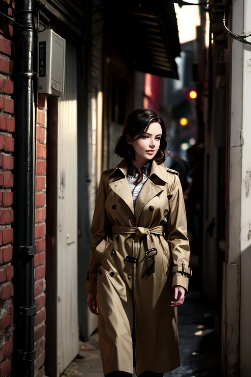 A mysterious woman in a dark alley, her trench coat billowing in the wind as she glances over her shoulder with a sly smile - a perfect film noir-style female  spy.