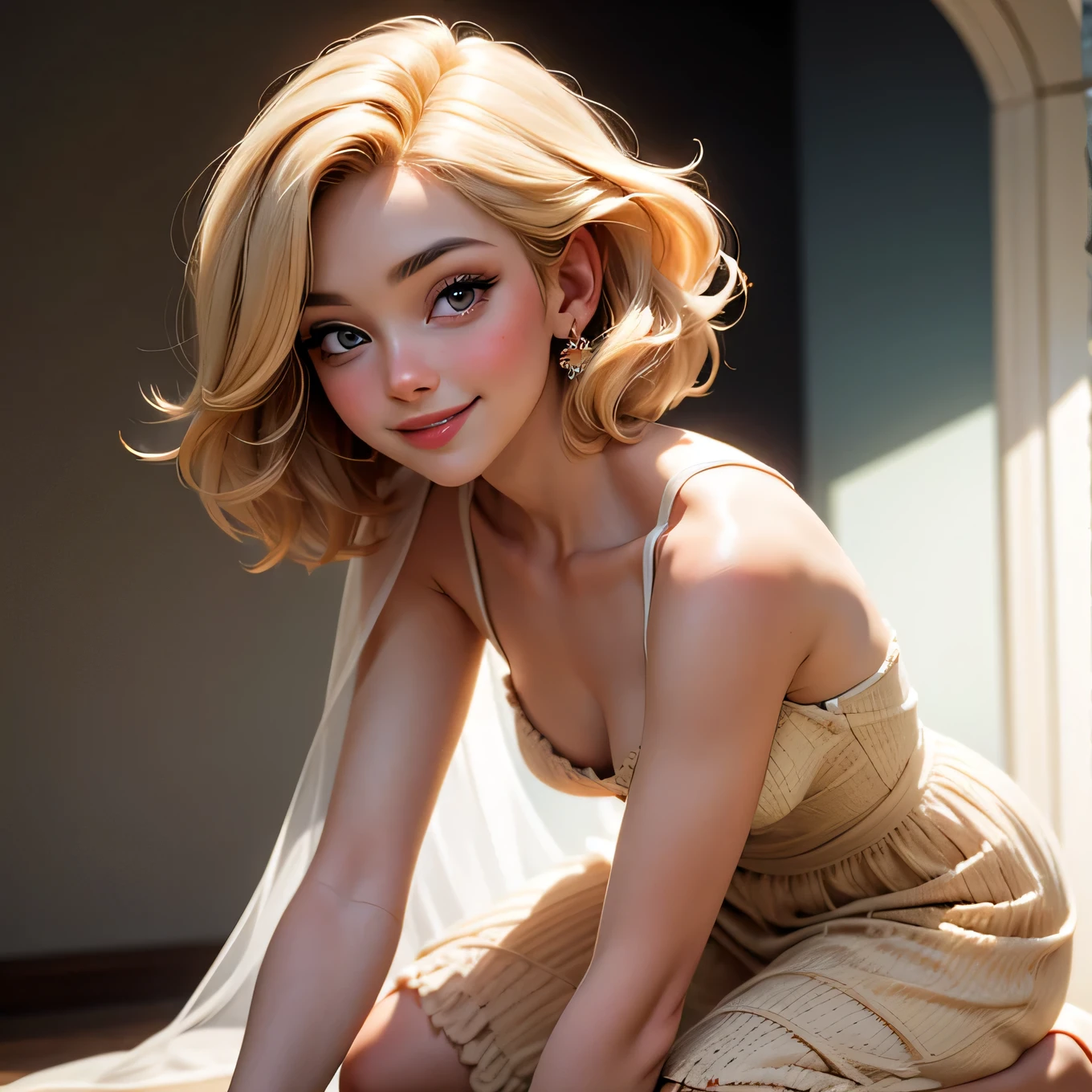 8k, RAW photo, Fujifilm, style photo of a beautiful young woman as rose in kneeling pose (highly detailed skin: 1.2) Style-Petal BREAK short hair, blonde hair with colored locks, wearing a sheer sundress, film granulation, 35mm, cute style,smiling 