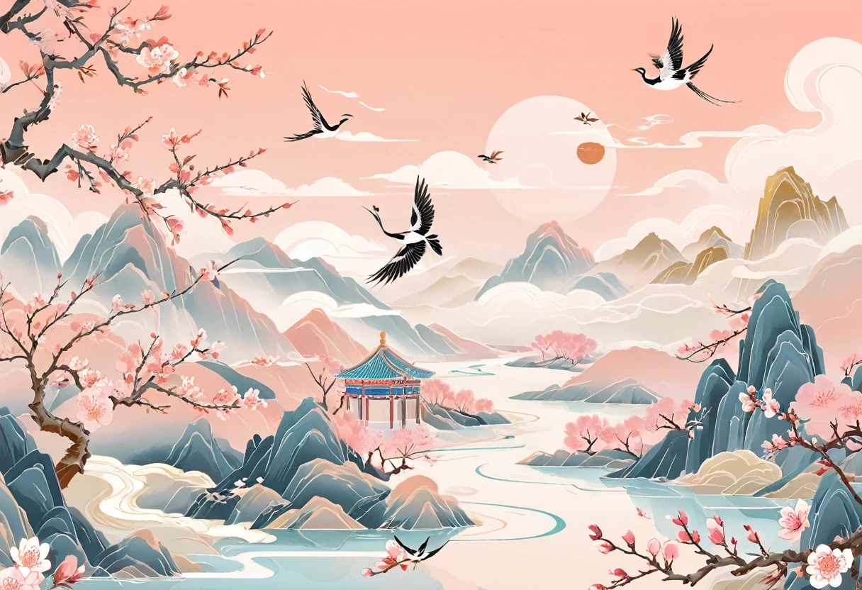 Minimalism，(Golden section composition), (Golden Ratio),Minimalism， Mountain, river, Tree, Peach Blossom,Magpie，Willow Branches，柳Tree枝条， spring, Sky, cloud, cartoon, Flat illustration，Chinese style，Chinese，GCCH
