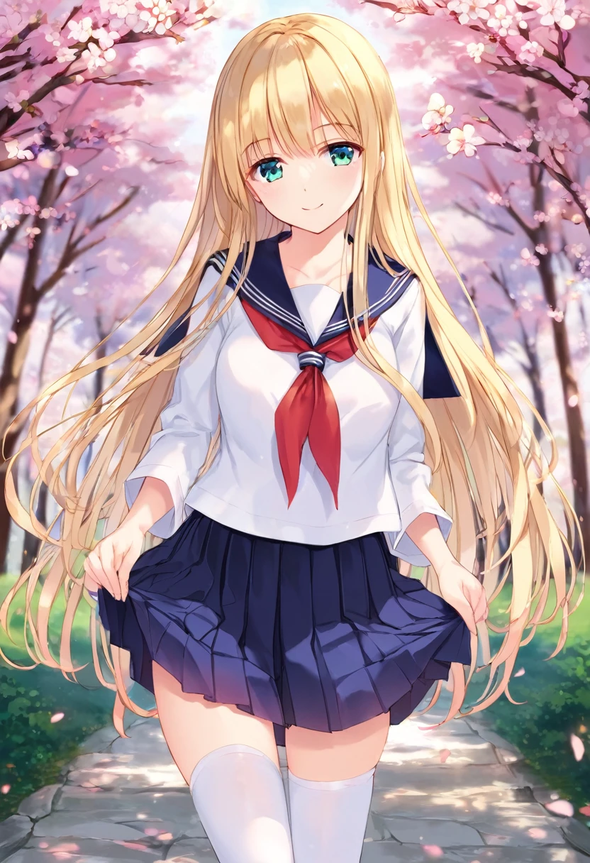 (8k, masterpiece, best quality, ultra-detailed, an extremely delicate and beautiful, official style, depth of field, highly detailed, very aesthetic, intricate, overall detail, perfect anatomy), looking at viewer, outdoors, kyoto, 1girl, solo, blonde hair, long hair, aqua eyes,faint lips, (shinsengumi, haori), white serafuku, red neckerchief, pleated skirt, white thighhighs, holding bokken, smile